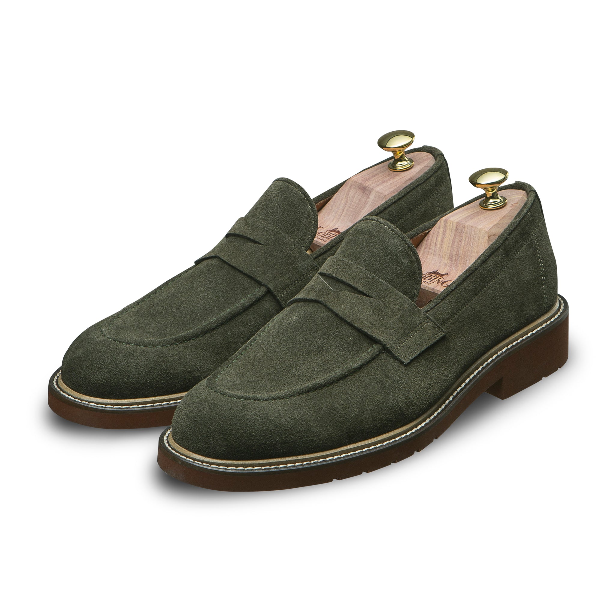 Men s summer penny loafer in khaki green suede calfskin LodinG